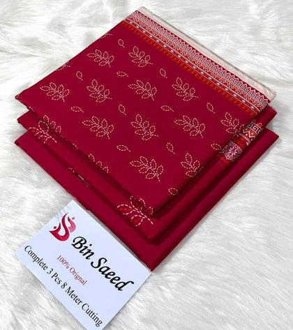 Bin Saeed Original Printed Lawn Collection | Crimson & White Leaf-Print 3-Piece Summer Suit