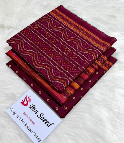 Bin Saeed Original Printed Lawn Collection | Rich Maroon & Orange Bandhani 3-Piece Summer Suit