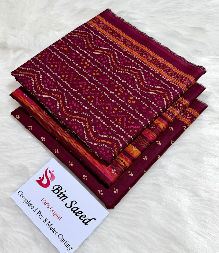 Bin Saeed Original Printed Lawn Collection | Rich Maroon & Orange Bandhani 3-Piece Summer Suit