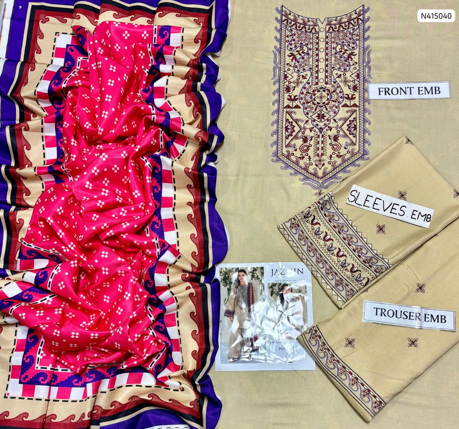 Jazmin Premium Air-Jet Dhanak Embroidered 3-Piece Suit – Winter 2026–27