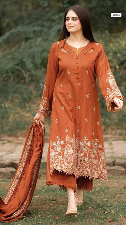 Batik Rust Embroidered Dhanak 3-Piece Suit – Winter Collection 2026–27