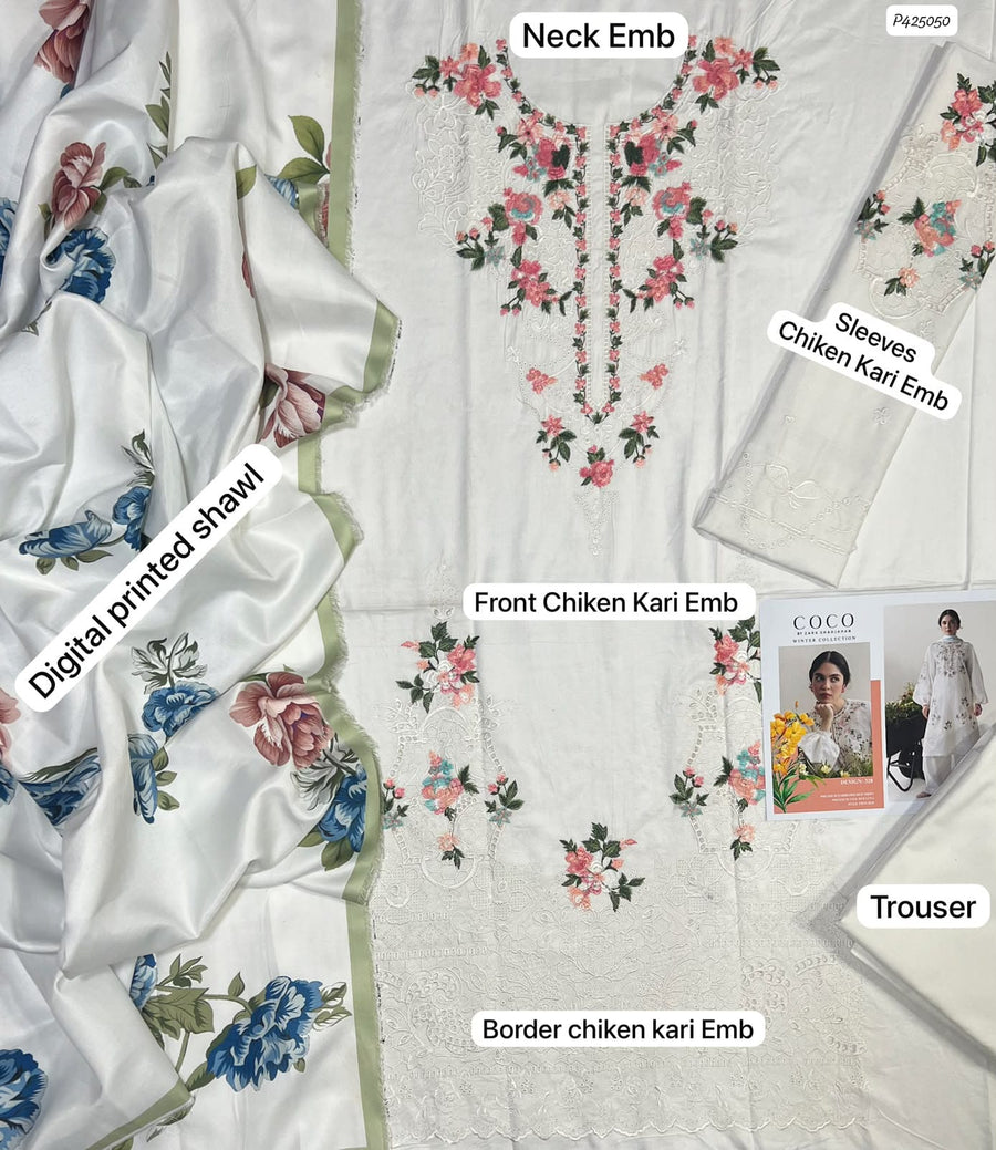 Coco by Zara Shahjahan Chikankari Embroidered Dhanak 3-Piece Suit – Winter 2026