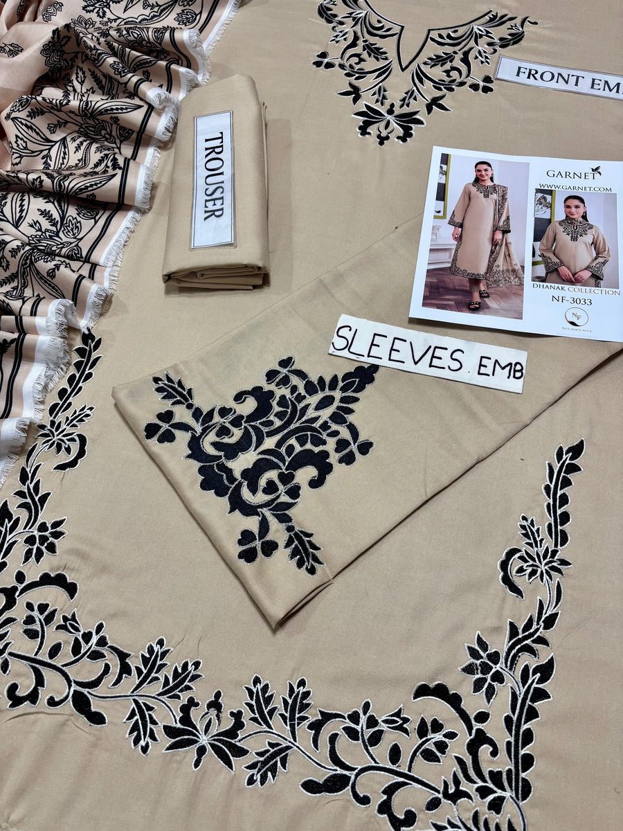 Garnet Winter Collection 2026-2027 | 3PC Heavy Embroidered Dhanak Suit (NF 3033)