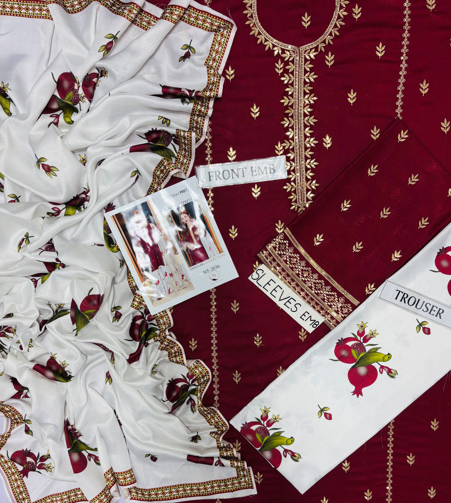 Preet Pret Wear Winter Collection 2026-2027 | 3PC Embroidered Dhanak Suit (NF 3036)