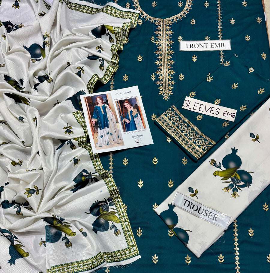 Preet Pret Wear Winter Collection 2026-2027 | 3PC Embroidered Dhanak Suit (NF 3036)