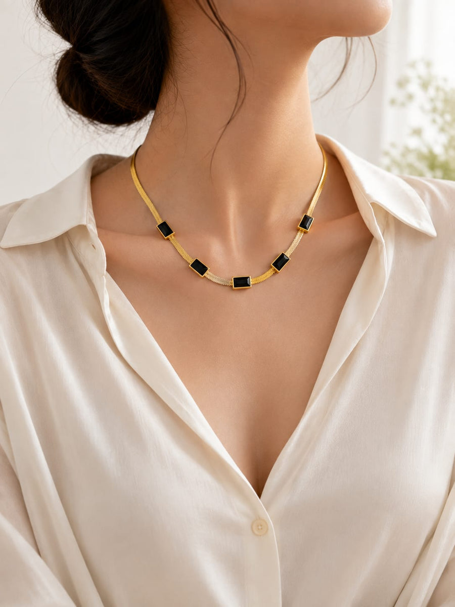 Premium Stainless Steel Black Stone Necklace | Elegant Fashion Jewelry