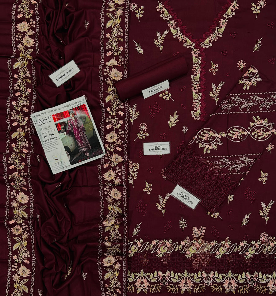 KAHF Premium Air-Jet Dhanak 3-Piece Embroidered Suit (Code: NF 436)