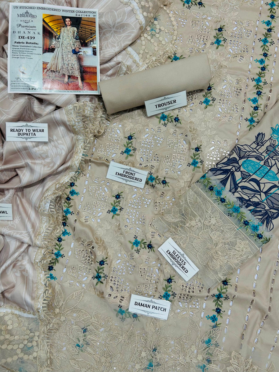 Maria B Luxury Winter Collection – Premium Air-Jet Dhanak 3PC Heavy Chikankari Suit with Digital Printed Woolen Shawl
