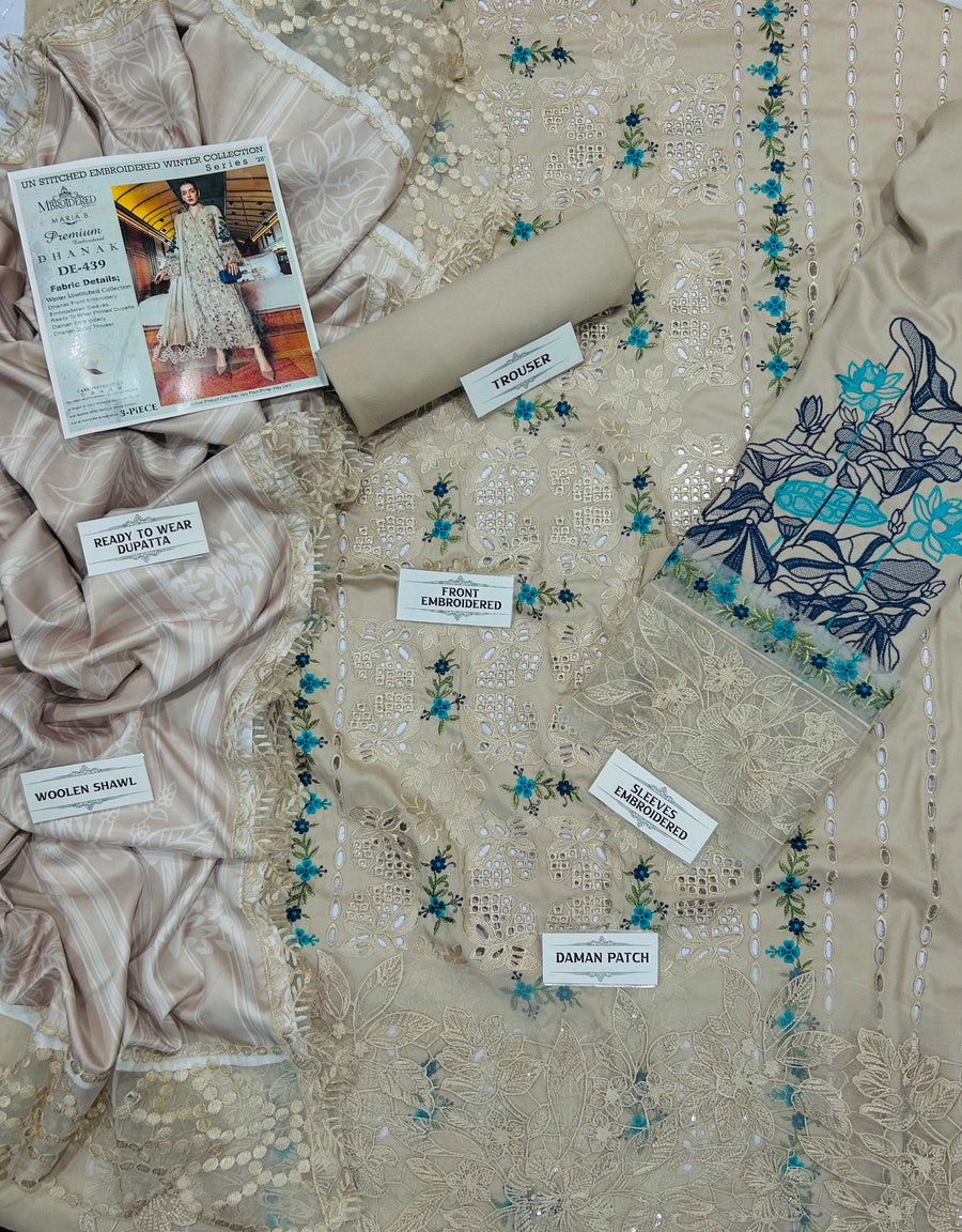 Maria B Luxury Winter Collection – Premium Air-Jet Dhanak 3PC Heavy Chikankari Suit with Digital Printed Woolen Shawl