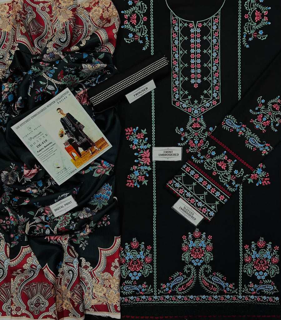 HUSSAIN REHAR Premium Air-Jet Dhanak 3-Piece Embroidered Suit (Code: NF 410)