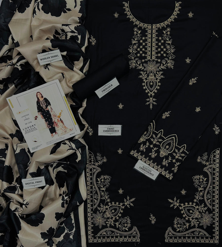 MOHAGNI Winter Collection – 3-Piece Heavy Embroidered Air-Jet Dhanak Suit with Woolen Shawl (Code: NF 1318)