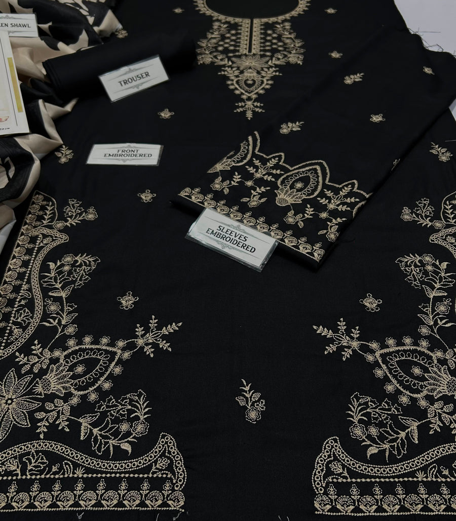 MOHAGNI Winter Collection – 3-Piece Heavy Embroidered Air-Jet Dhanak Suit with Woolen Shawl (Code: NF 1318)