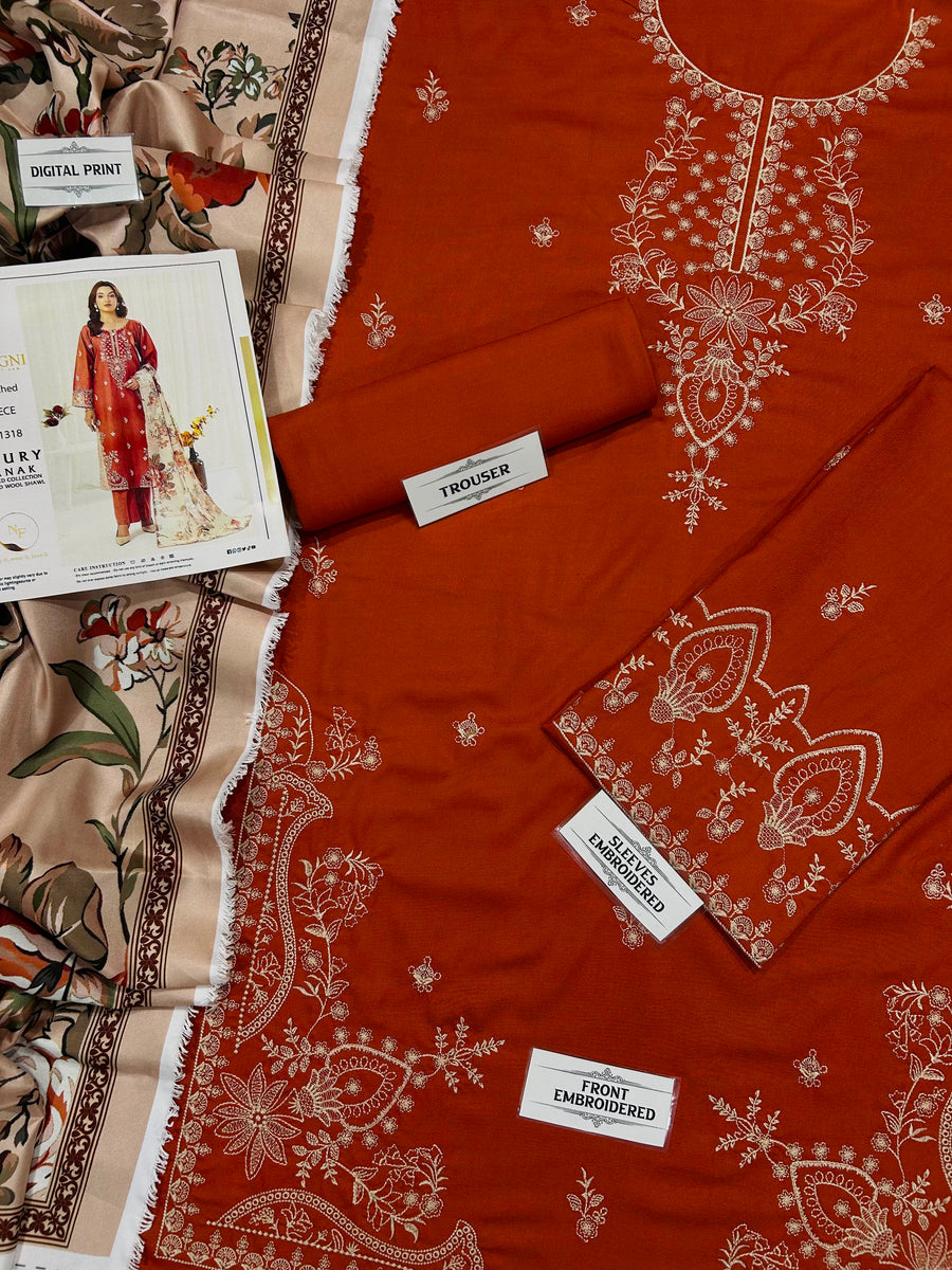 MOHAGNI Winter Collection – 3-Piece Heavy Embroidered Air-Jet Dhanak Suit with Woolen Shawl (Code: NF 1318)