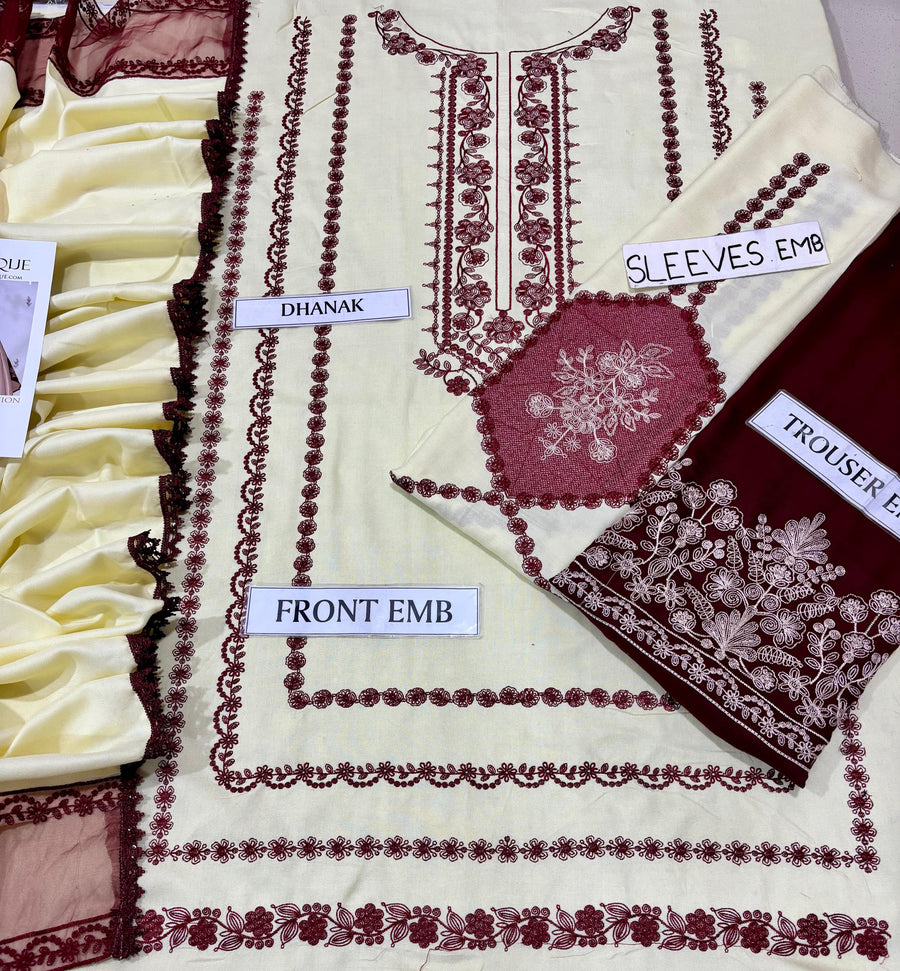 BAROQUE Winter Collection – 3-Piece Heavy Luxury Embroidered Dhanak Suit with Embroidered Shawl (Code: NF 3020)