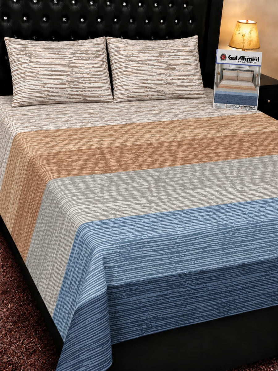 Gul Ahmed Style 100% Pure Soft Cotton King Size 3-Piece Bedsheet Set (Multi Stripe Design)
