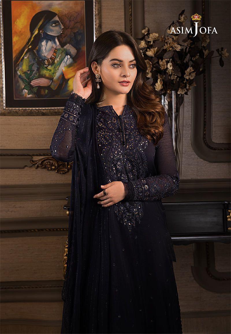Asim Jofa Jhilmil Chiffon Collection – Minal Khan Navy Blue Heavy Spangle Embroidered 3-Piece Suit
