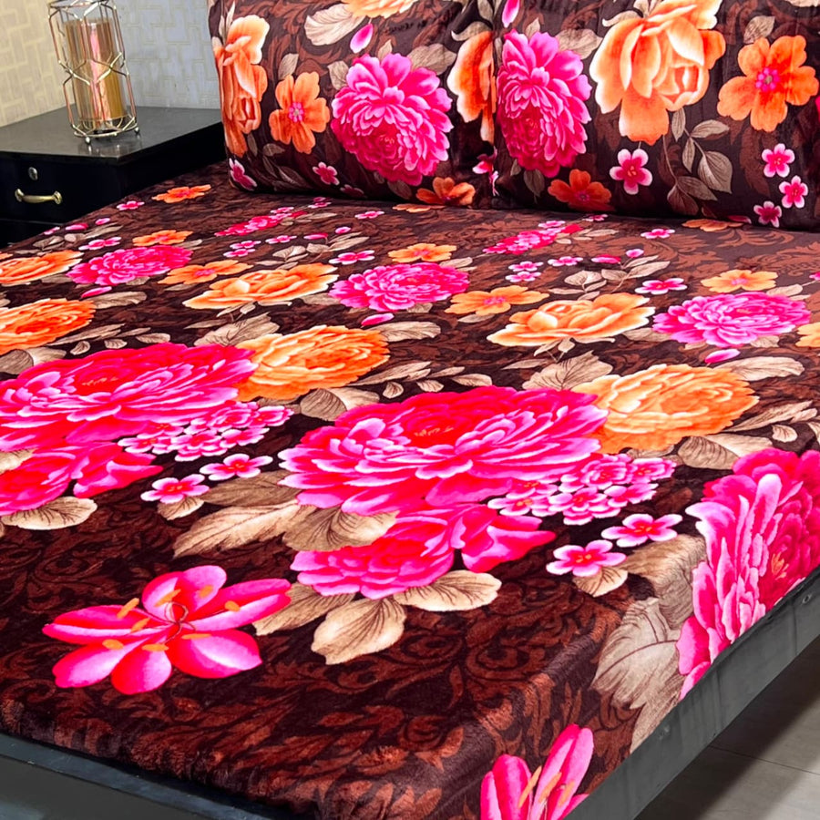Deep Brown, Hot Pink & Orange Floral 3-Piece King Size Soft Fleece Bedsheet Set