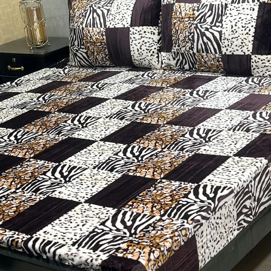 Animal Print Patchwork 3-Piece King Size Soft Fleece Bedsheet Set