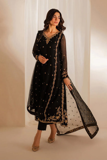 Iznik Hit Code Premium Heavy Embroidered Chiffon 3-Piece Suit – Black & Red