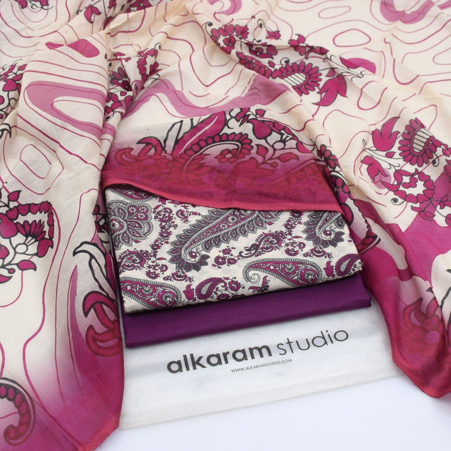 Alkaram Summer Lawn 2026 – Pink & White Paisley