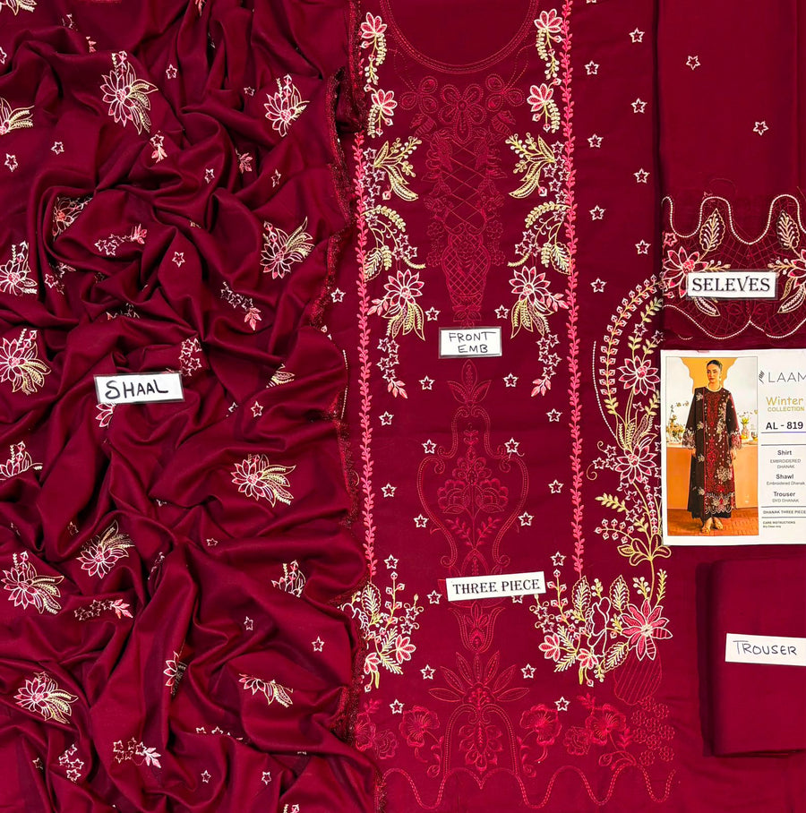 Laam Designer Deep Maroon Heavy Embroidered Dhanak 3-Piece Winter Suit – Sequins Sleeves & Embroidered Shawl