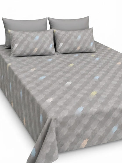 5-Piece Export Quality Pure Cotton King Size Bedsheet Set – Grey Abstract Geometric Pattern