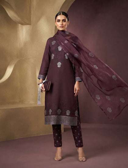 Premium Dark Plum Jacquard Cambric 3-Piece Unstitched Collection