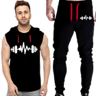 Black Vinyl Dumble Printed Gym Summer Hooded Sleeveless Tracksuit for Mens (Hooded + Trouser)