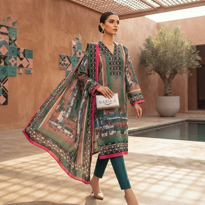 Maria.B Luxury Lawn — Exquisite Teal & Pink Geometric 3-Piece Suit