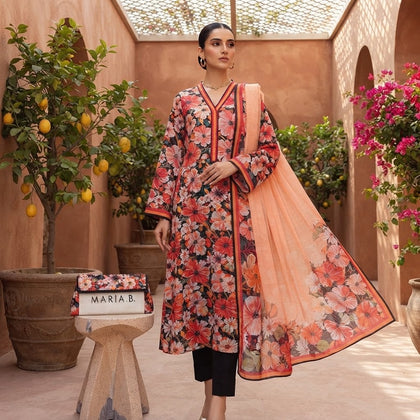 Maria.B Luxury Lawn — Vibrant Coral & Black Printed 3-Piece Suit
