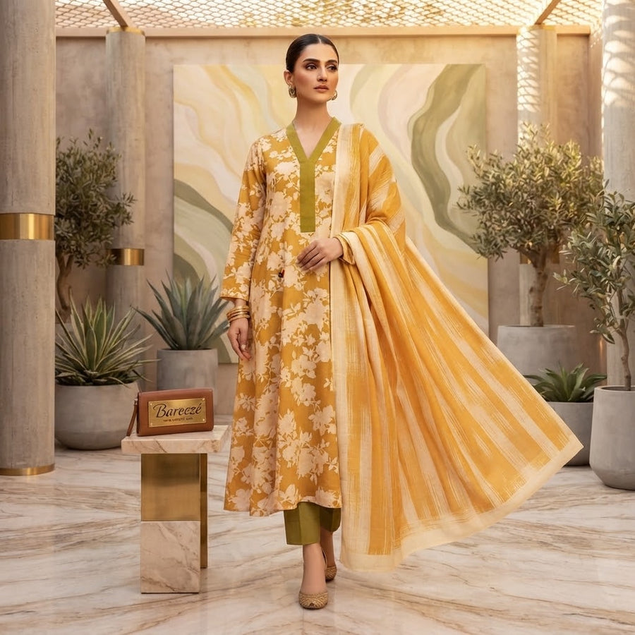 Bareezé Golden Sun — Premium 3-Piece Printed Lawn Suit with Striped Dupatta