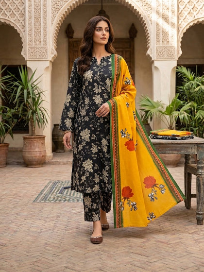 Mustard & Midnight Bloom – 3-Piece Unstitched Linen Suit