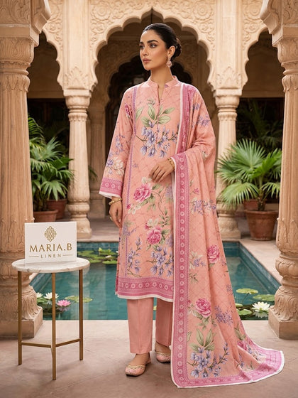 Maria.B Pink Floral Printed Linen 3-Piece Suit – Elegant Summer Collection