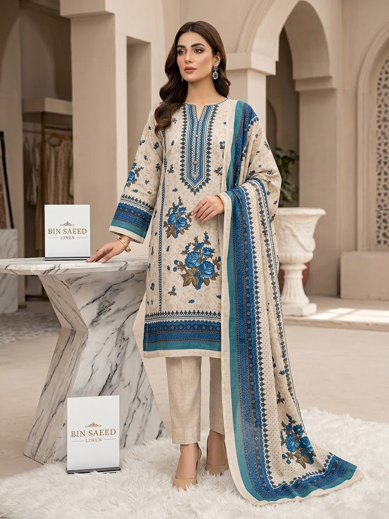 Elegant Beige & Royal Blue Floral Printed Linen 3-Piece Suit