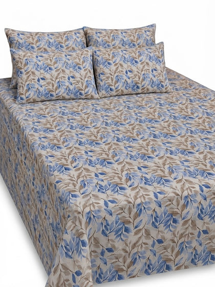 5-Piece Export Quality Pure Cotton King Size Blue & Brown Floral Leaf Bedsheet Set