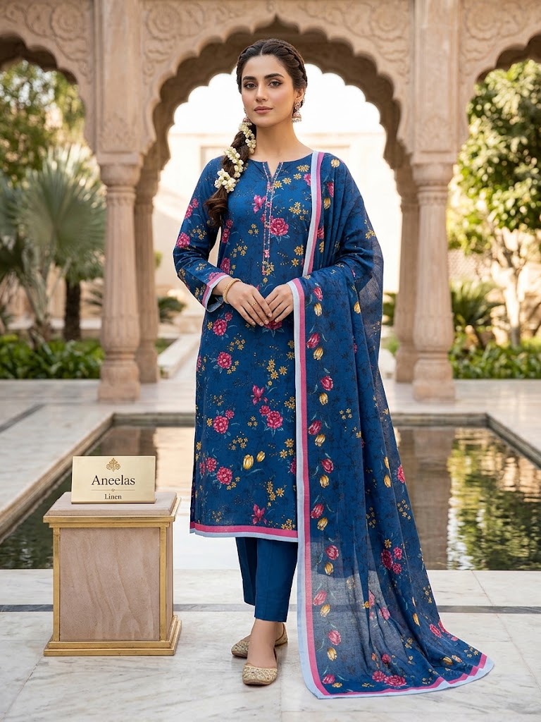 Royal Blue Floral Printed Linen 3-Piece Suit