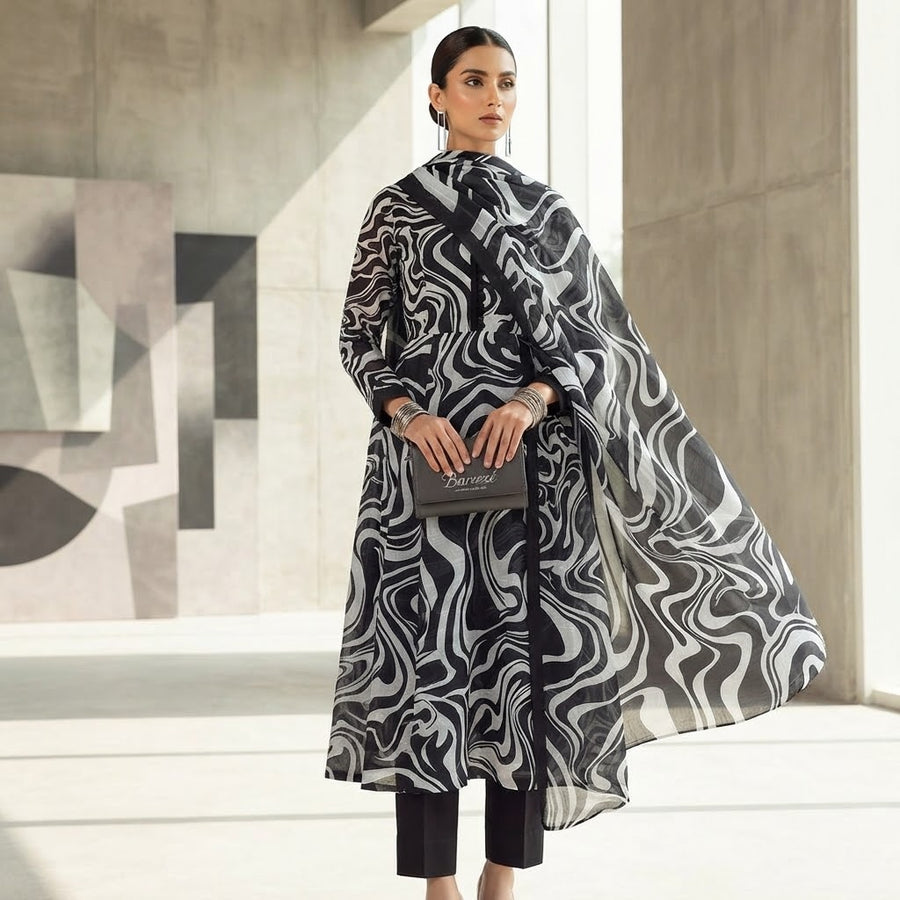 Bareezé Monochromatic Chic — Premium 3-Piece Printed Lawn Suit with Stylish Liquid Marble Print