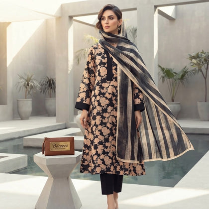 Bareezé Luxe Bloom — Premium 3-Piece Printed Lawn Suit with Stylish Striped Dupatta