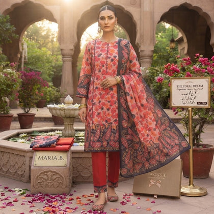 Maria.B Premium 3-Piece Printed Lawn Suit with Embroidered & Paisley Border Dupatta