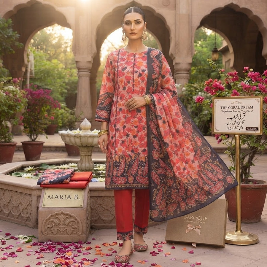 Maria.B Premium 3-Piece Printed Lawn Suit with Embroidered & Paisley Border Dupatta