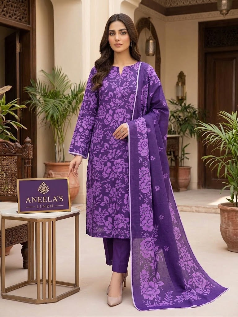 Royal Purple Floral Printed Linen 3-Piece Suit