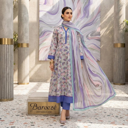 Bareezé Pastel Blossom — Premium 3-Piece Printed Lawn Suit with Abstract Wave Dupatta