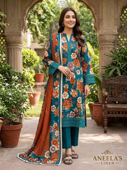 Teal Floral 3-Piece Unstitched Suit