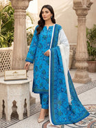 Elegant Blue Floral 3-Piece Unstitched Suit – Printed Linen Dress